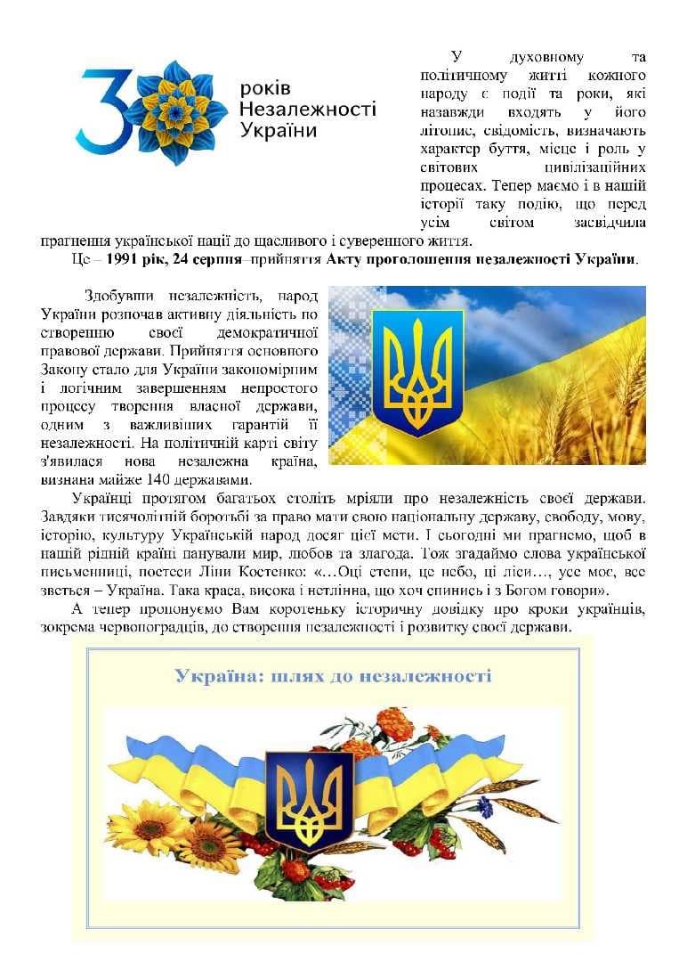 Стаття про шлях України до незалежності з текстом і зображенням тризуба на тлі пшеничного поля