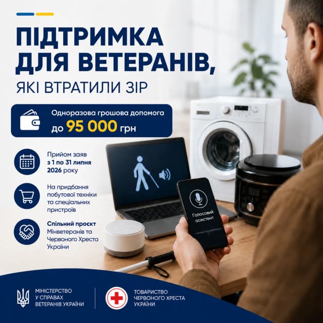 на фото зображений ветеран, який намагається скористатись спеціальним мобільним телефоном та описана інформація щодо підтримки ветеранів, які частково або повністю втратили зір