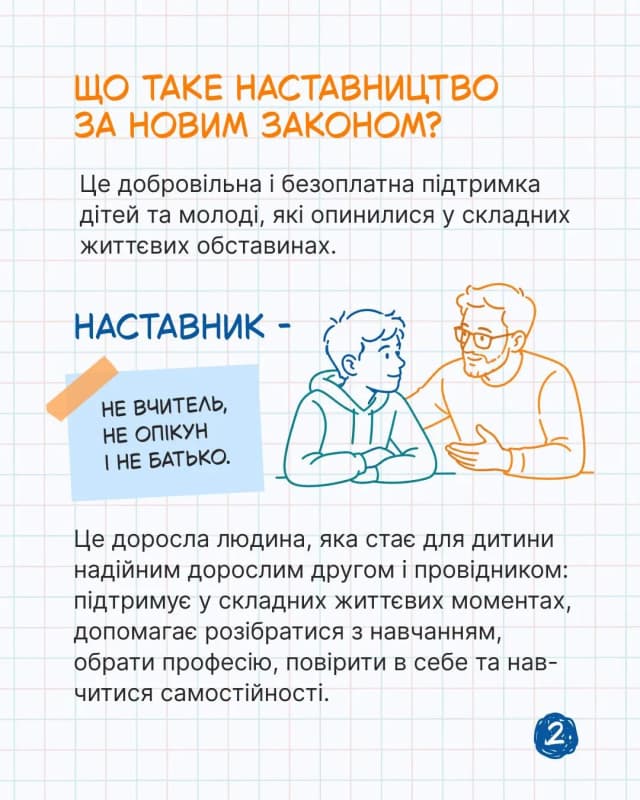 на фото зображено фон в клітинку, підлітка та дорослу людину і написано текст Що таке наставництво за новим законом. Це добровільна і безоплатна підтримка дітей та молоді, які опинилися у складних життєвих обставинах. НАСТАВНИК - НЕ ВЧИТЕЛЬ, НЕ ОПІКУН
І НЕ БАТЬКО. Це доросла людина, яка стає для дитини надійним дорослим другом і провідником: підтримує у складних життєвих моментах, допомагає розібратися з навчанням, обрати професію, повірити в себе та навчитися самостійності.