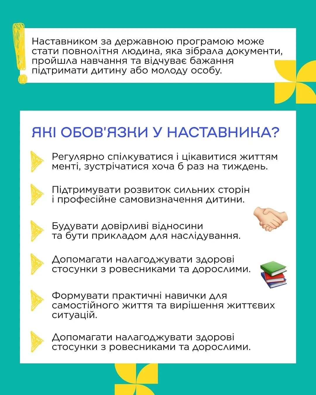На картинці зображені різнокольорові іконки, та написаний текст: Наставником за державною програмою може стати повнолітня людина, яка зібрала документи, пройшла навчання та відчуває бажання підтримати дитину або молоду особу.
ЯКІ ОБОВ'ЯЗКИ У НАСТАВНИКА? Регулярно спілкуватися і цікавитися життям
менті, зустрічатися хоча б раз на тиждень.
Підтримувати розвиток сильних сторін і професійне самовизначення дитини.
Будувати довірливі відносинита бути прикладом для наслідування.
Допомагати налагоджувати здорові стосунки з ровесниками та дорослими.
Формувати практичні навички для самостійного життя та вирішення життєвих
ситуацій.
Допомагати налагоджувати здорові стосунки з ровесниками та дорослими.