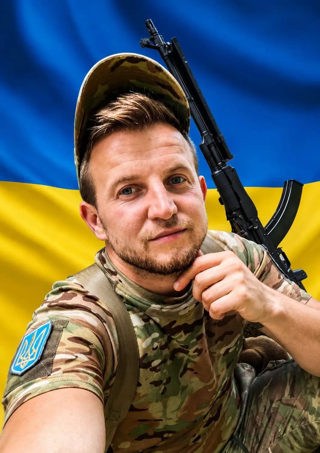 на фото - загиблий військовий Швець Михайло Леонідович на фоні жлвто-блакитного прапора