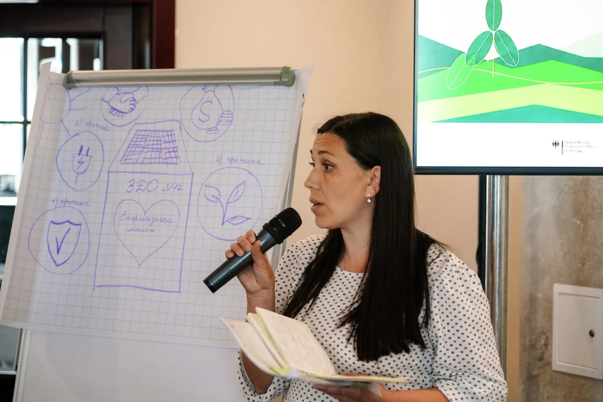 Учасниця представляє проєкт на фоні фліпчарту